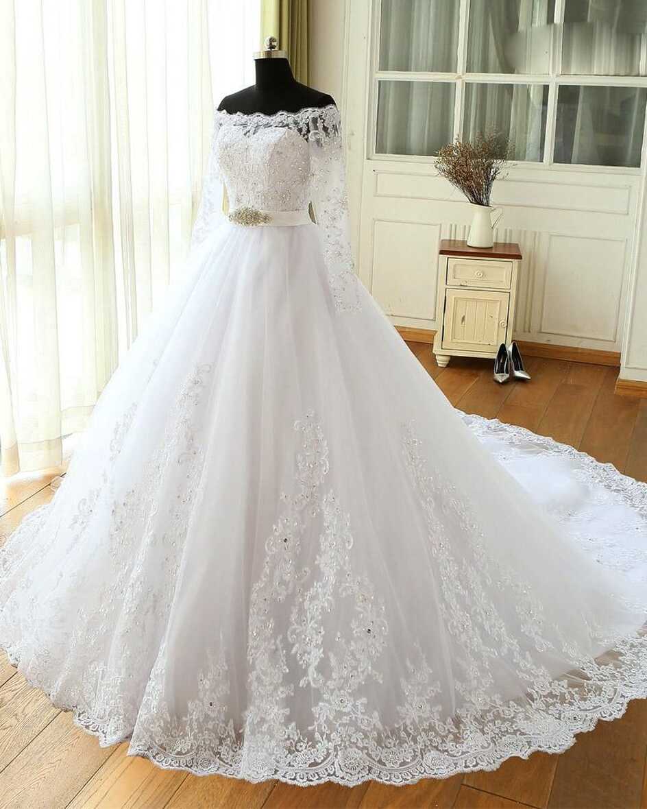 Princess White Long Sleeves Lace Wedding Dresses Bride Gown Ball ...