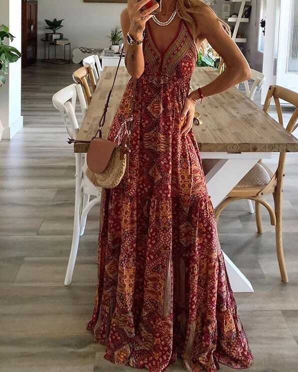 Print Sleeveless A-Line Casual/Boho/Vacation Maxi Dresses