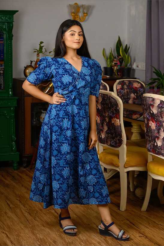 Printed Cotton Blue V Neck Puff Sleeves with Back Belt Type Dress