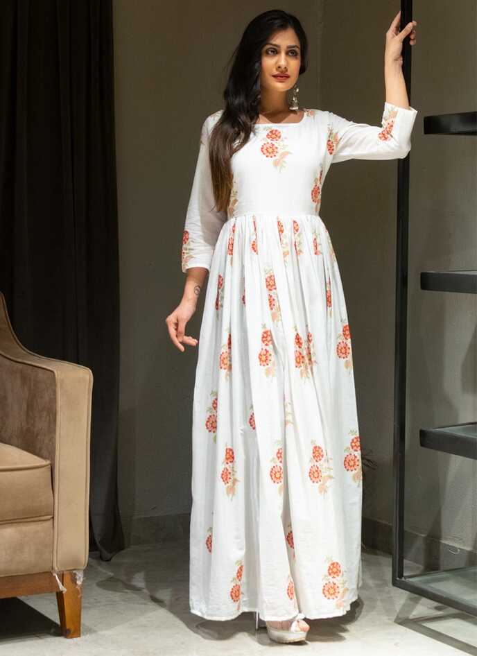 Printed Cotton Gown in Off White -