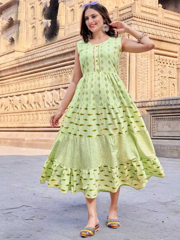 Printed Flared Light Green Cotton Long Kurti | BH-KITES-106 ...