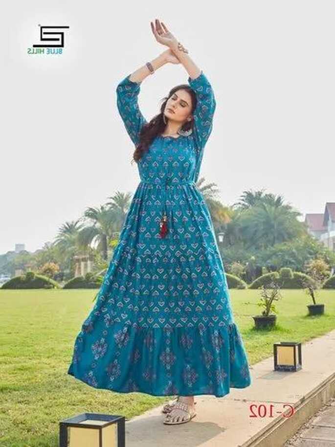 Printed Long Gown Style Kurti at Rs 750 | Long Kurti in Surat | ID ...