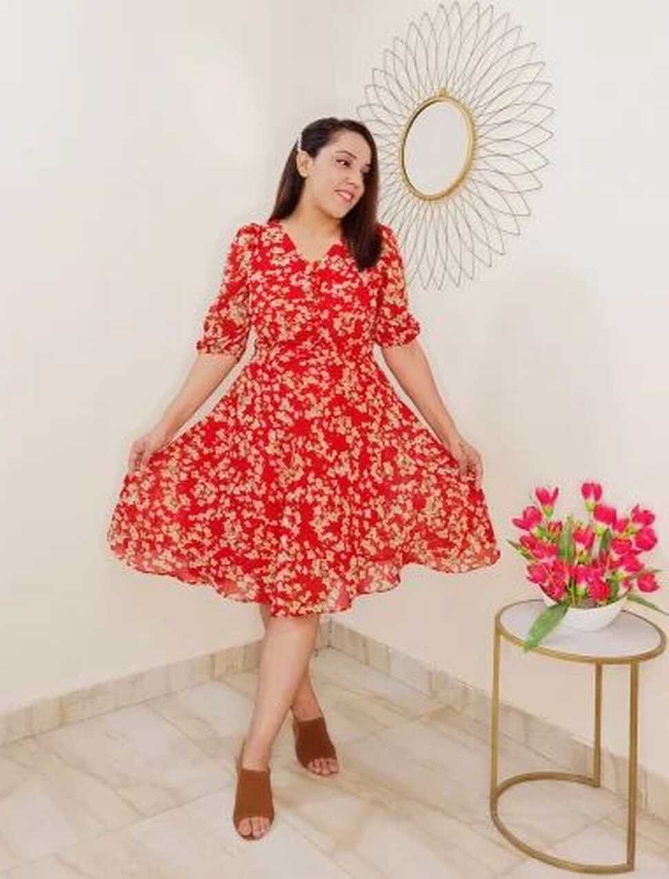 Printed Red Floral Summer Dress, Casual Wear, Western Wear at Rs ...