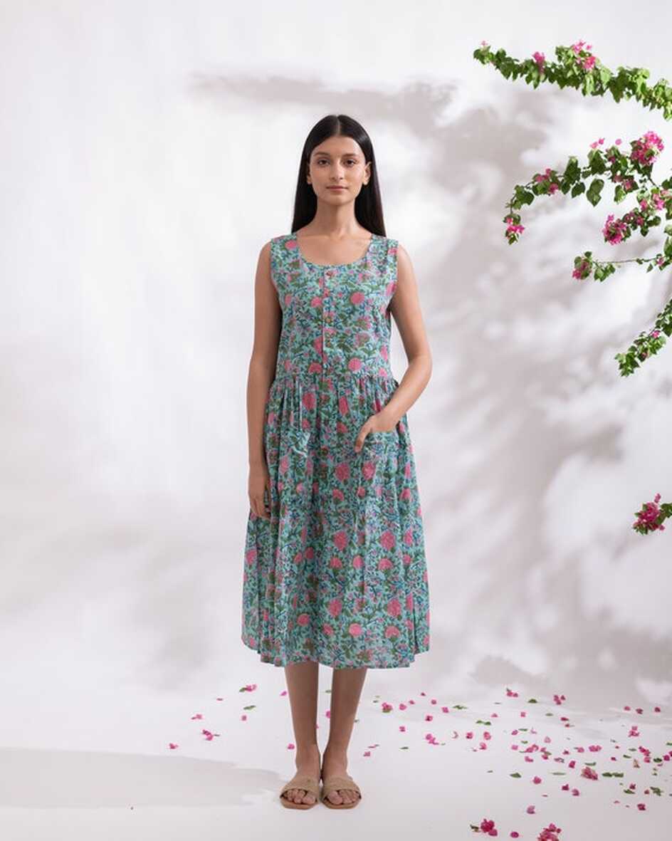 Printed Sleeveless Dress With Pockets Linen Calf Length Dress ...