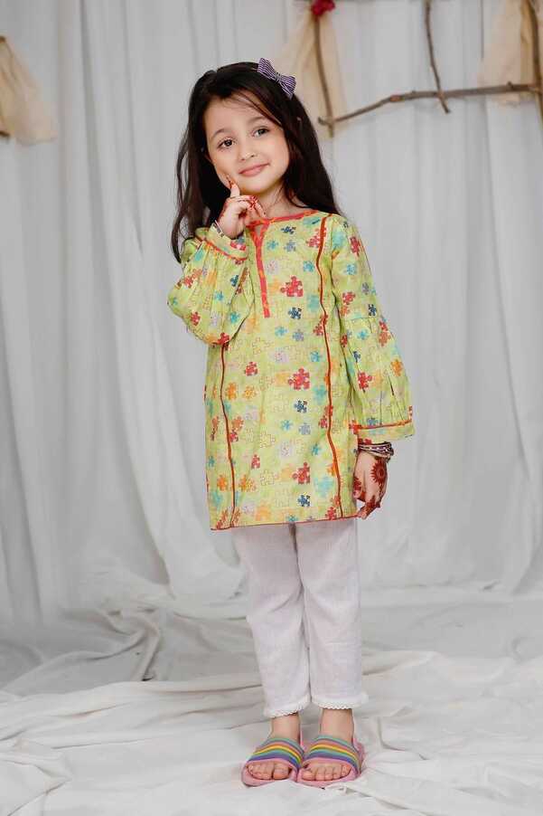 Printed lawn kids kurti - Green Rose