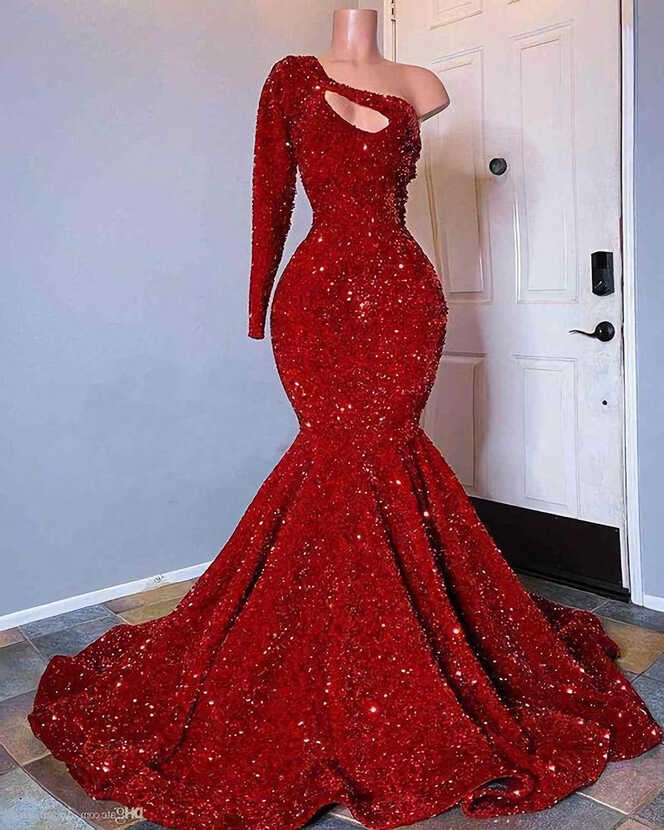 Prom Dresses Long Open Back, Red Sequined Black Girls Mermaid Prom ...