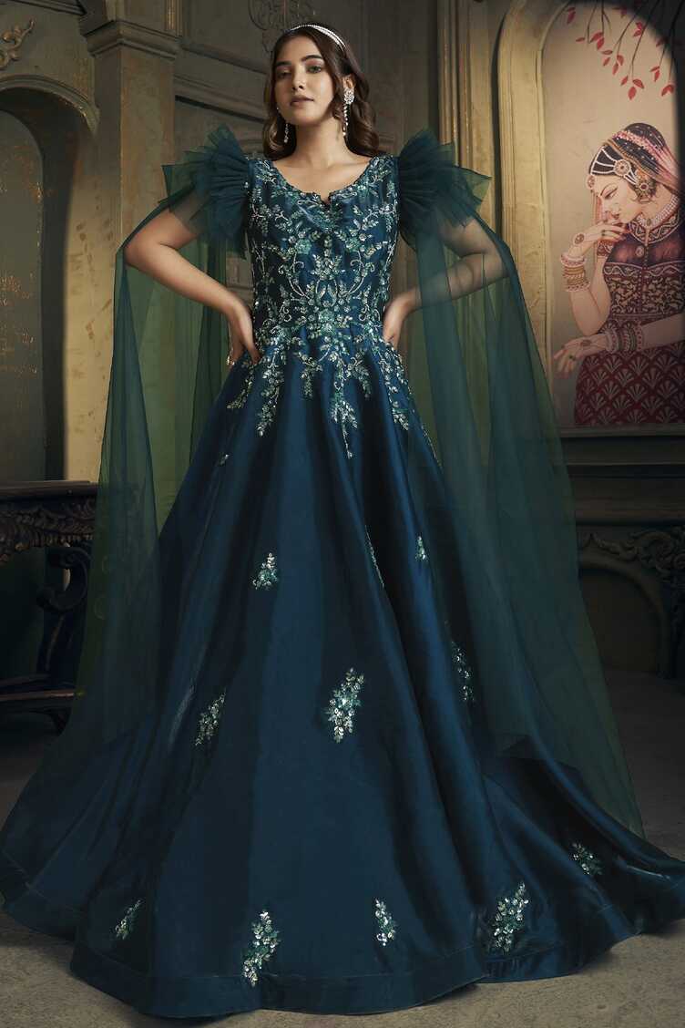 Prussian Blue Organza Silk Net Designer Gown with Frill Cape Sleeve