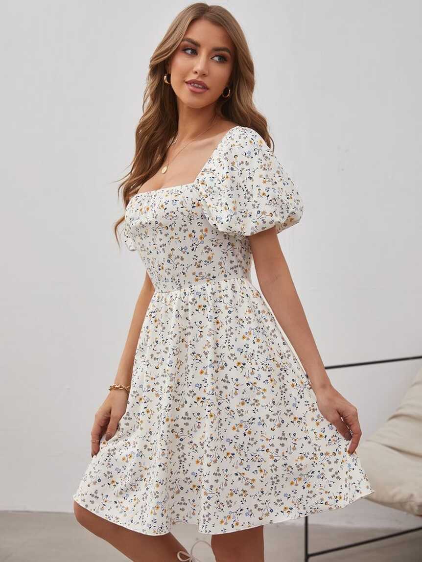 Puff Sleeve Ditsy Floral Dress