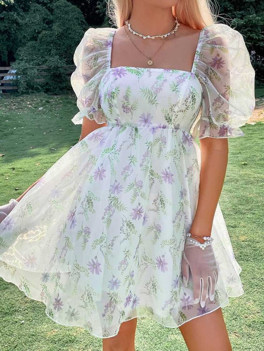 Puff Sleeve Floral Organza Dress