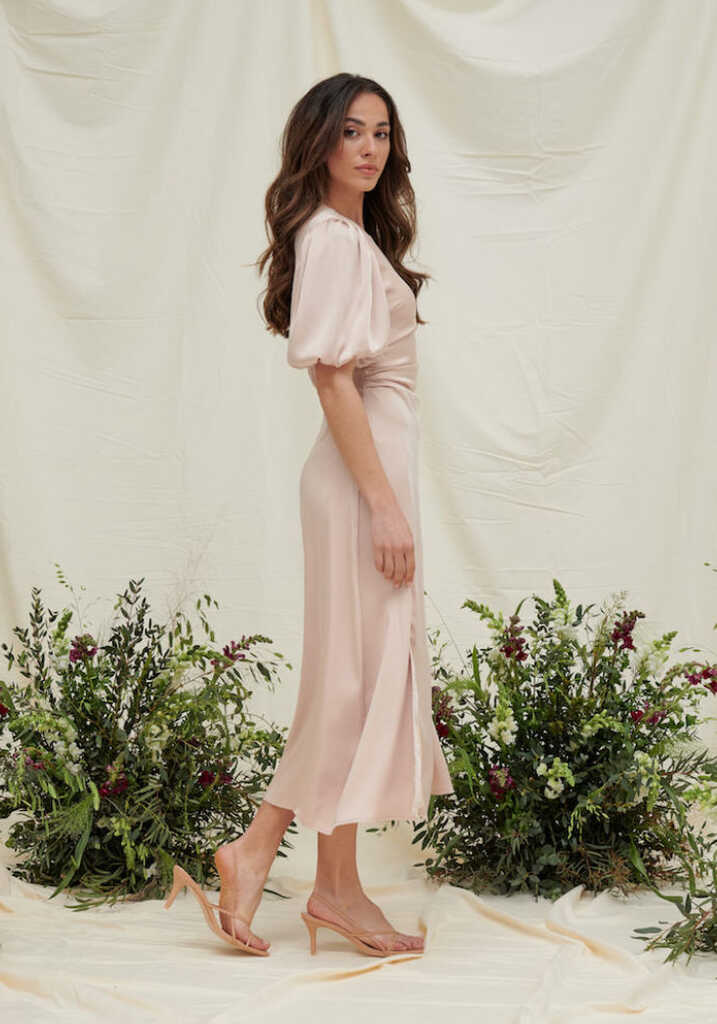 Puff Sleeve Side Split Midi Dress in Blush Pink | Luxe Collection ...