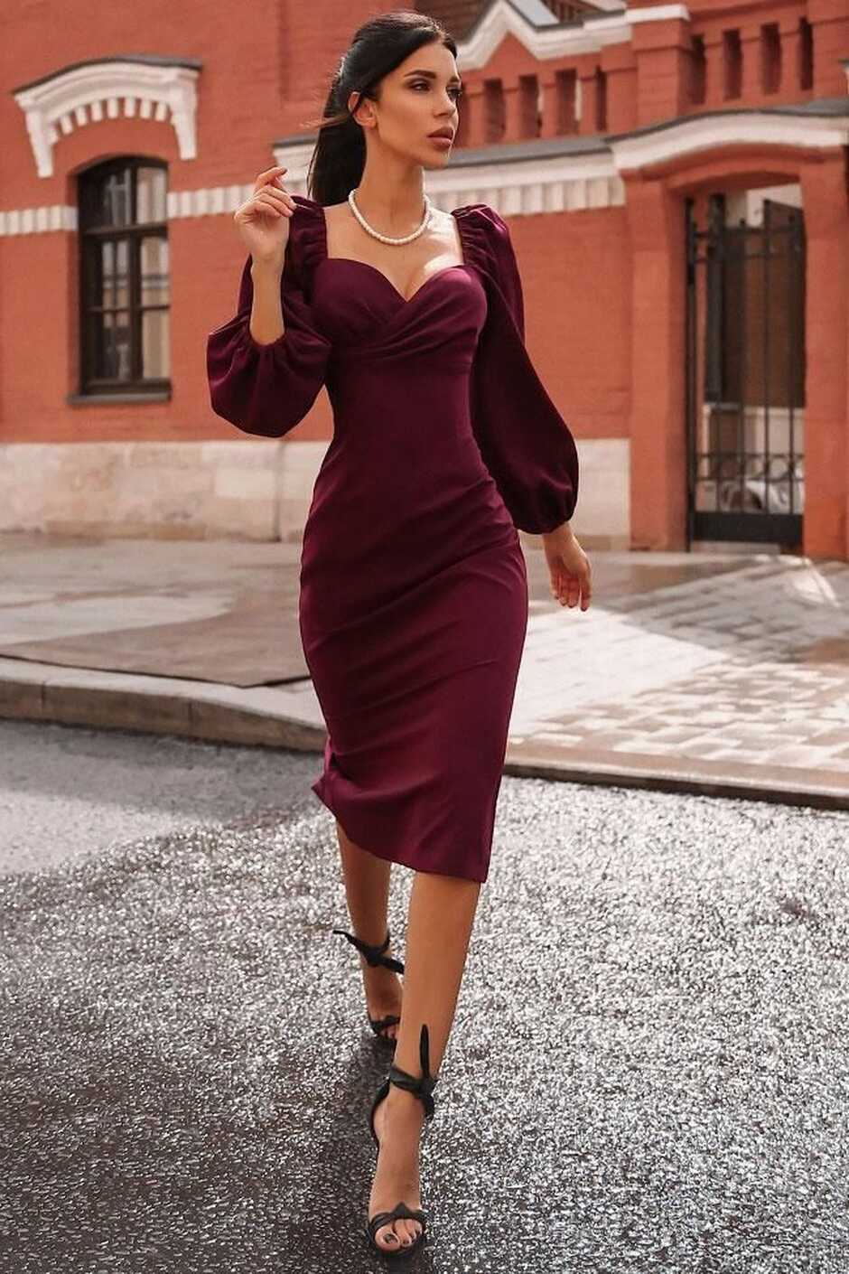 Puff Sleeve Sweetheart Neck High Waist Bodycon Midi Dress ...