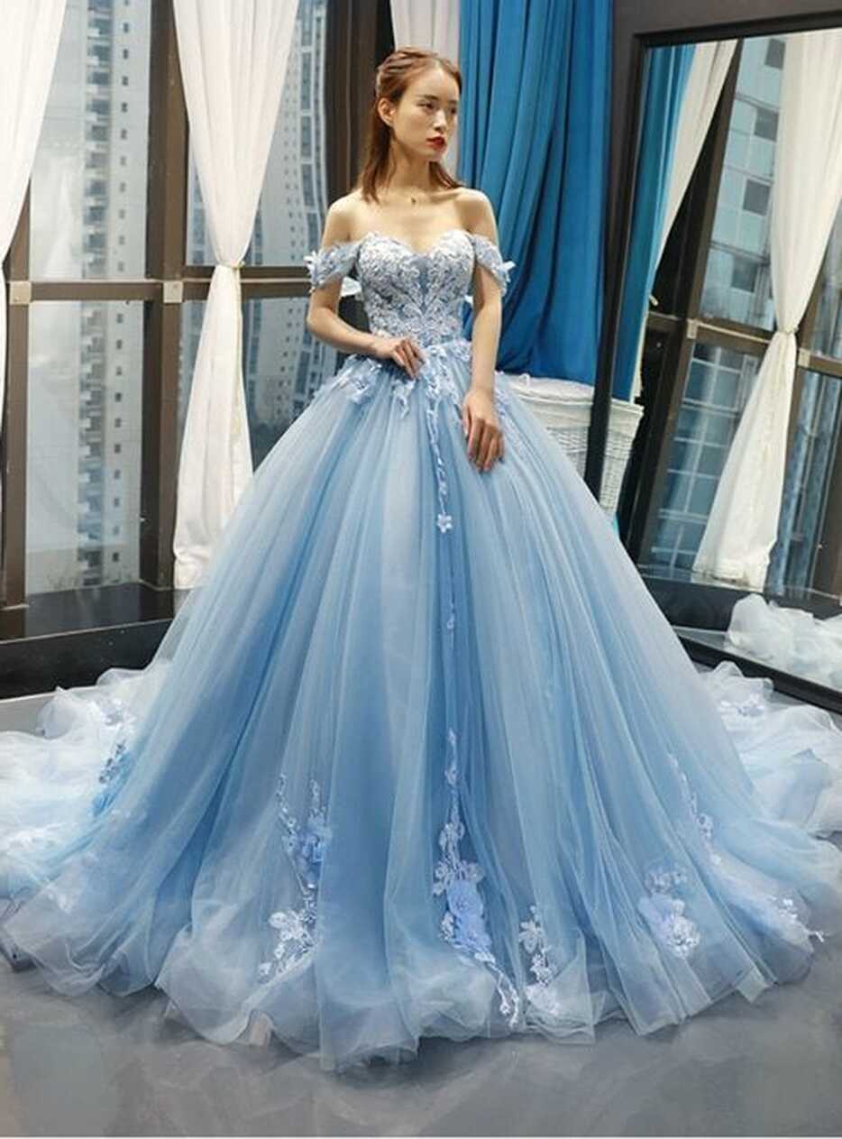 Puffy Off The Shoulder Light Sky Blue Prom Dress, A Line Tulle ...