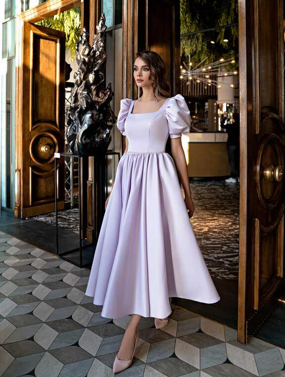 Puffy Short Sleeves Prom Dresses Satin A Line Tea Length Simple ...