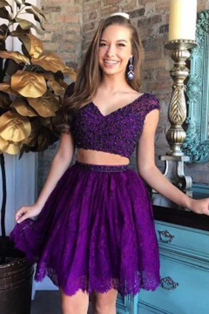 Purple Cheap Two Piece V neck Beaded Lace Homecoming Dresses on ...