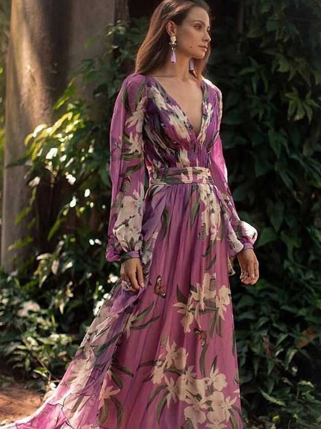 Purple Deep V-Neck Floral Print Maxi Dress