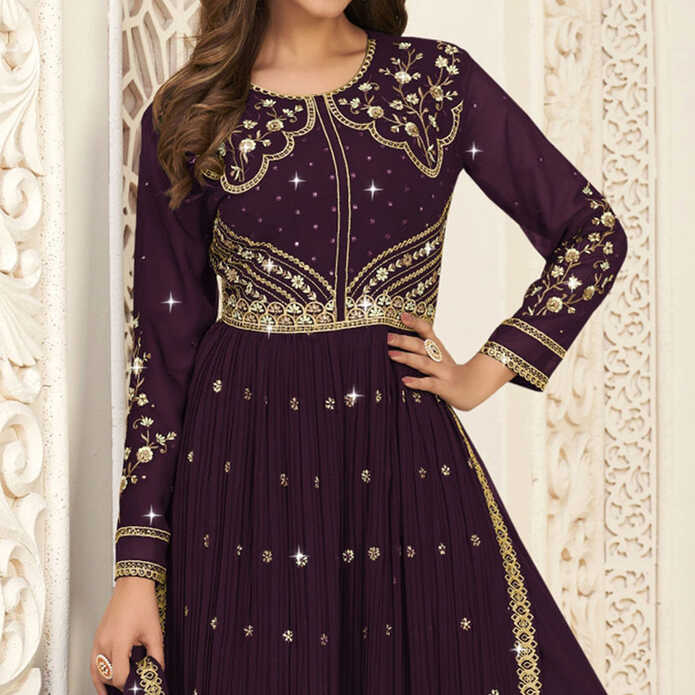 Purple Embroidered Georgette Naira Cut Suit