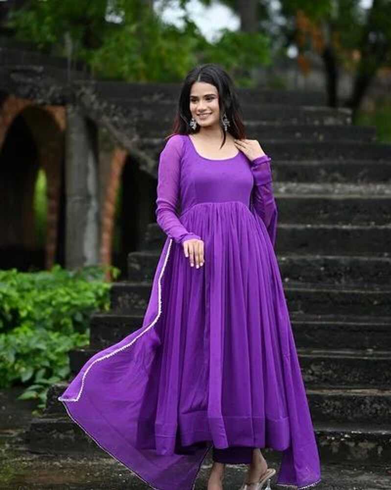 Purple Faux Georgette Plain Gown With Dupatta, Georgette Long ...