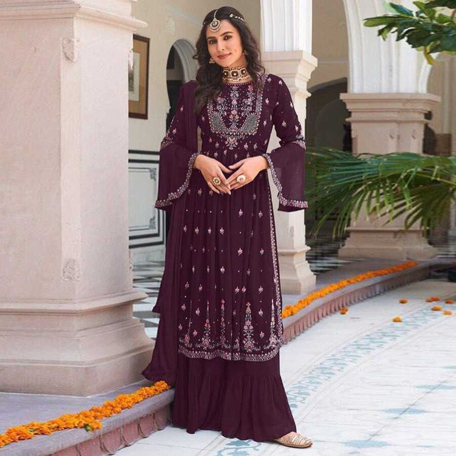 Purple Floral Embroidered Georgette Naira Cut Sharara Suit