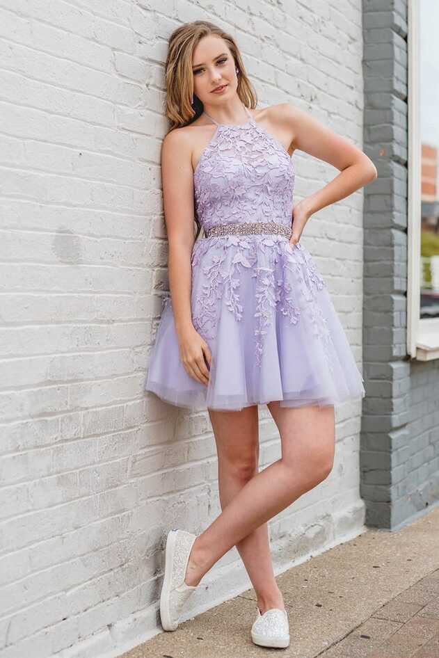 Purple Lace Homecoming Dresses Beaded Halter Hoco Dress – MyChicDress