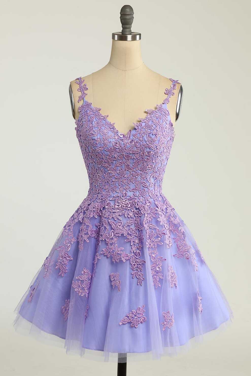 Purple Lace Short Cocktail Semi Formal Prom Dress EN5706