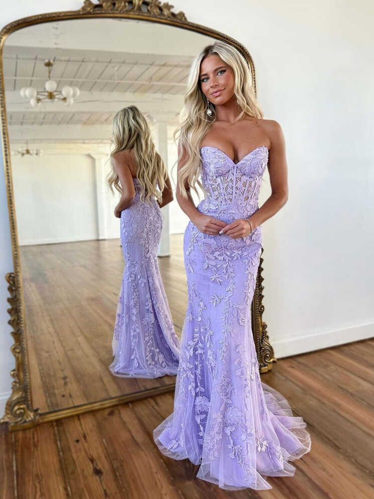 Purple Mermaid Lace Long Prom Dress, Purple Formal Evening Dress ...