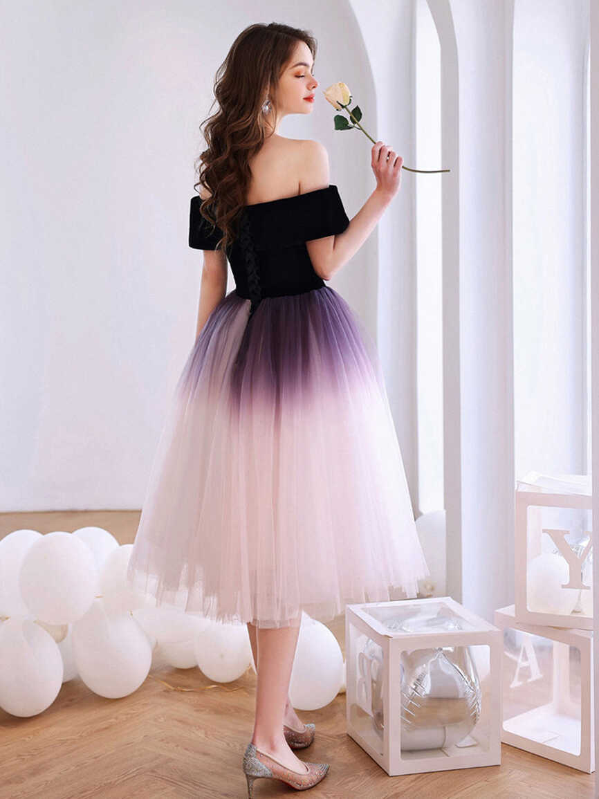 Purple Off Shoulder Tulle Short Puffy Prom Dresses, Puffy Purple ...