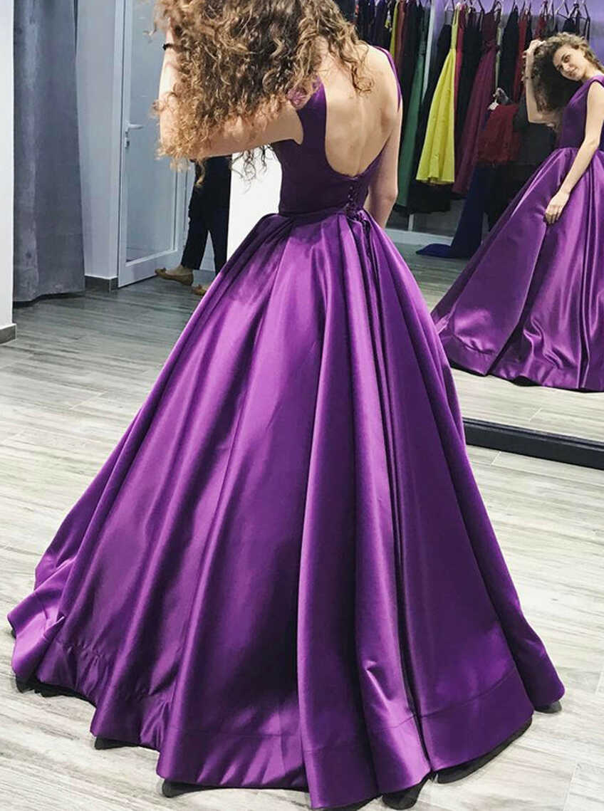 Purple Princess Prom Gown,Modest Satin A Line Evening Dress,Simple ...