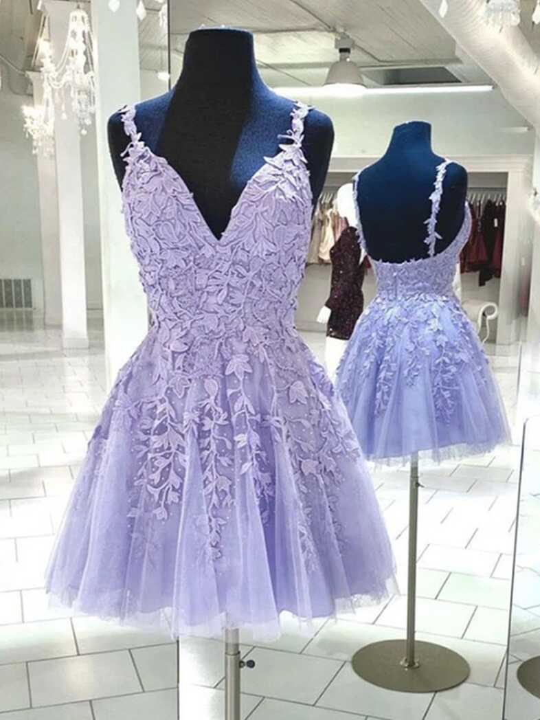 Purple Prom Dress, Short Prom Dresses, Lace Applique Prom Dress ...