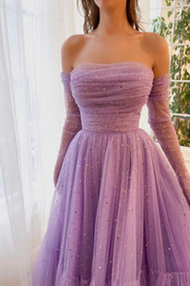 Purple Prom Dress 2024 Aesthetic Strapless with Sleeves Tulle ...