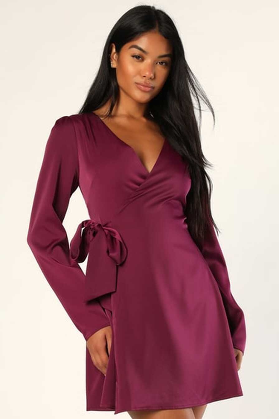 Purple Satin Dress - Long Sleeve Mini Dress - Mini Wrap Dress - Lulus