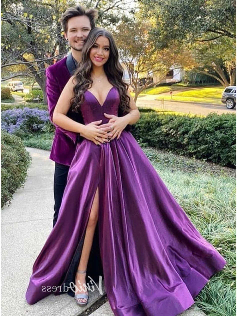 Purple Satin Prom Dresses with Slit Spaghetti Strap Evening Gown ...