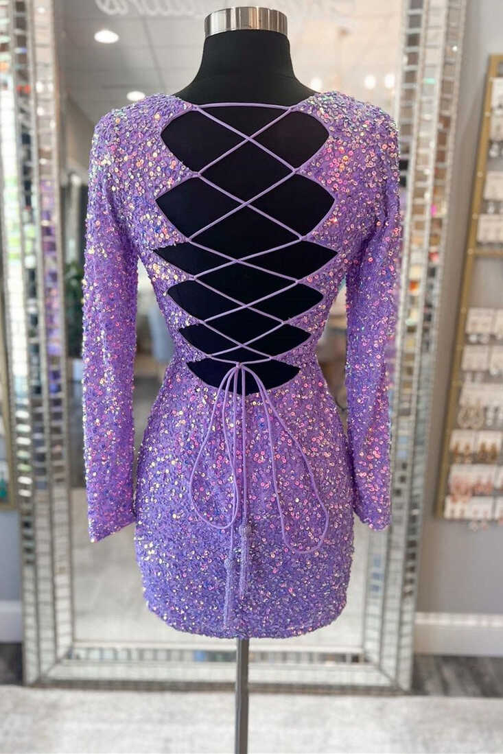 Purple Sequin Lace-Up Short Party Dress with Long Sleeves | KissProm