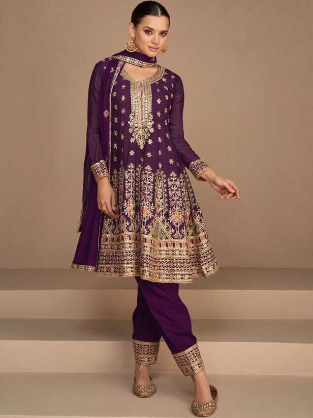 Purple Sequins Embroidered Flared Salwar Kameez