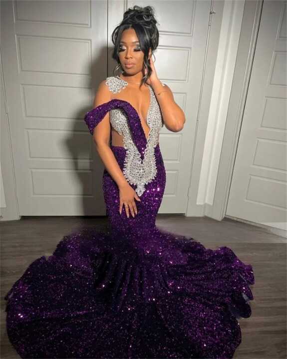 Purple Sequins Mermaid Long Prom Dresses 2024 For Black Girls ...