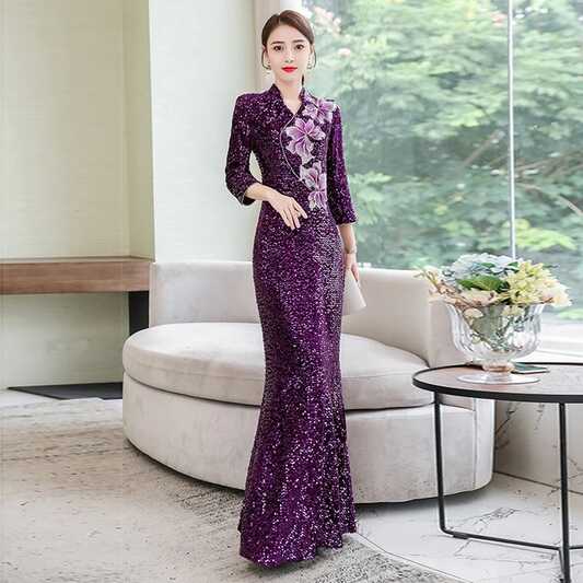 Purple Shiny Modern Chinese Cheongsam Qipao Women Long Oriental ...