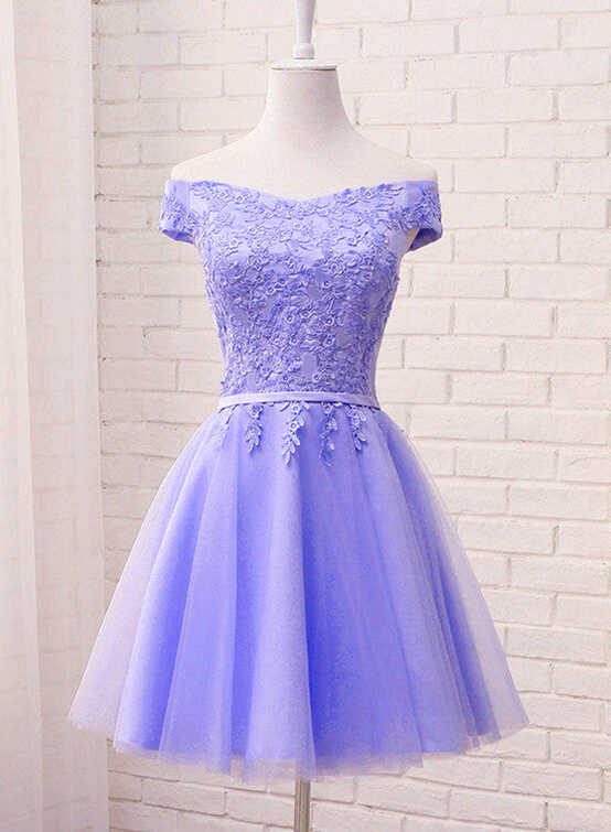 Purple Short Sleeves Lace Off Shoulder Party Dress, Cute Purple ...