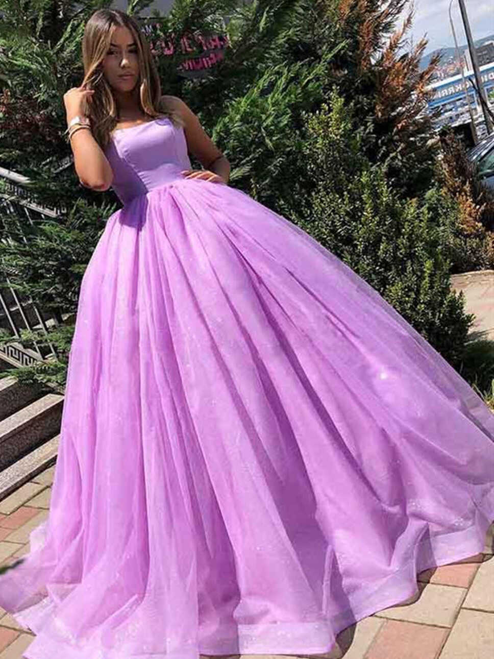 Purple Spaghetti Straps Backless Tulle Princess Long Ball Gown ...