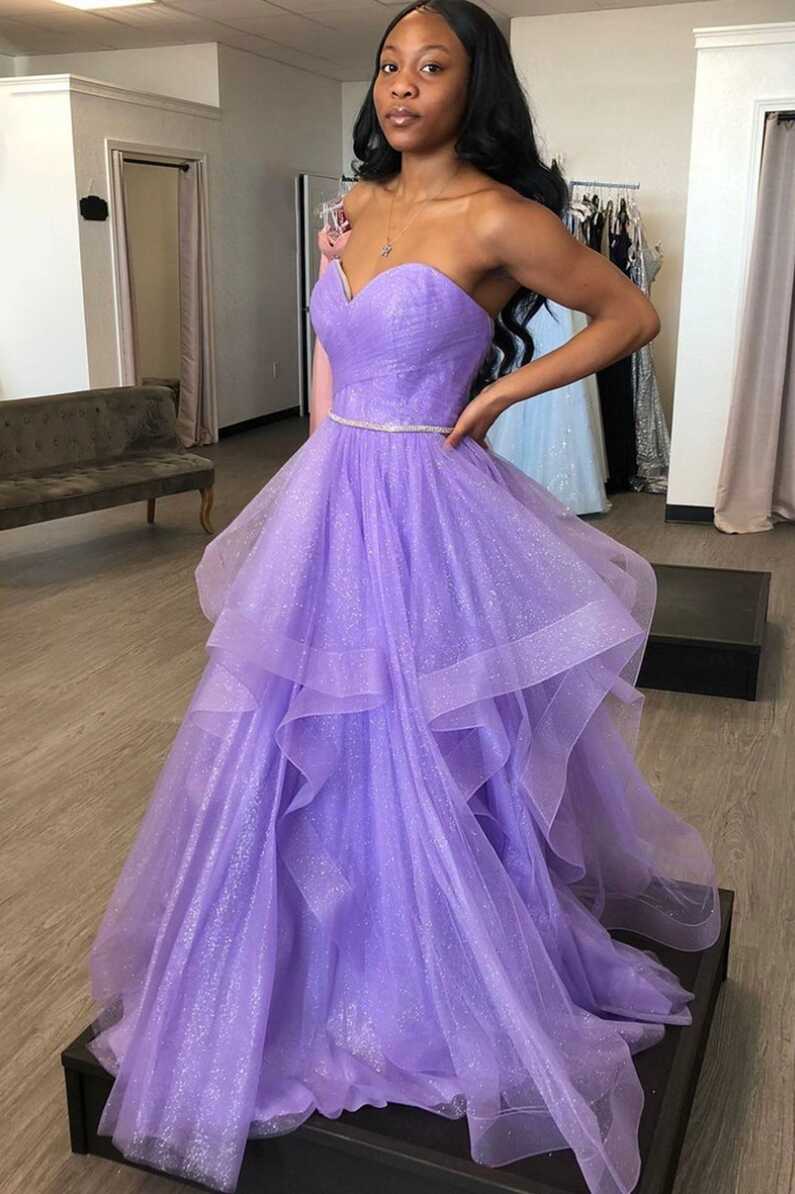 Purple Tulle Long A-Line Prom Dress, Purple Strapless Evening Party Dr