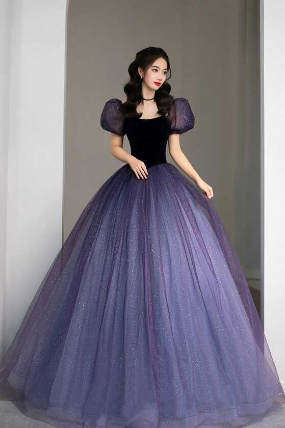 Purple Tulle Long Princess Dress, Cute Short Sleeve Formal Evening Dre