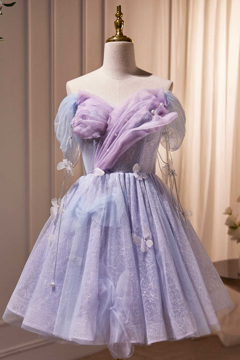 Purple Tulle Short Party Dress, Cute A-Line Off Shoulder Prom Dress