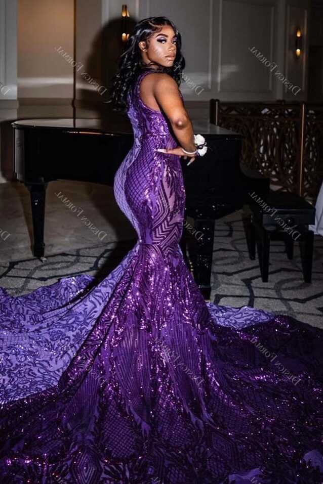 Purple Two-Tone Plunging Tailor-Made Long Train Prom Dress