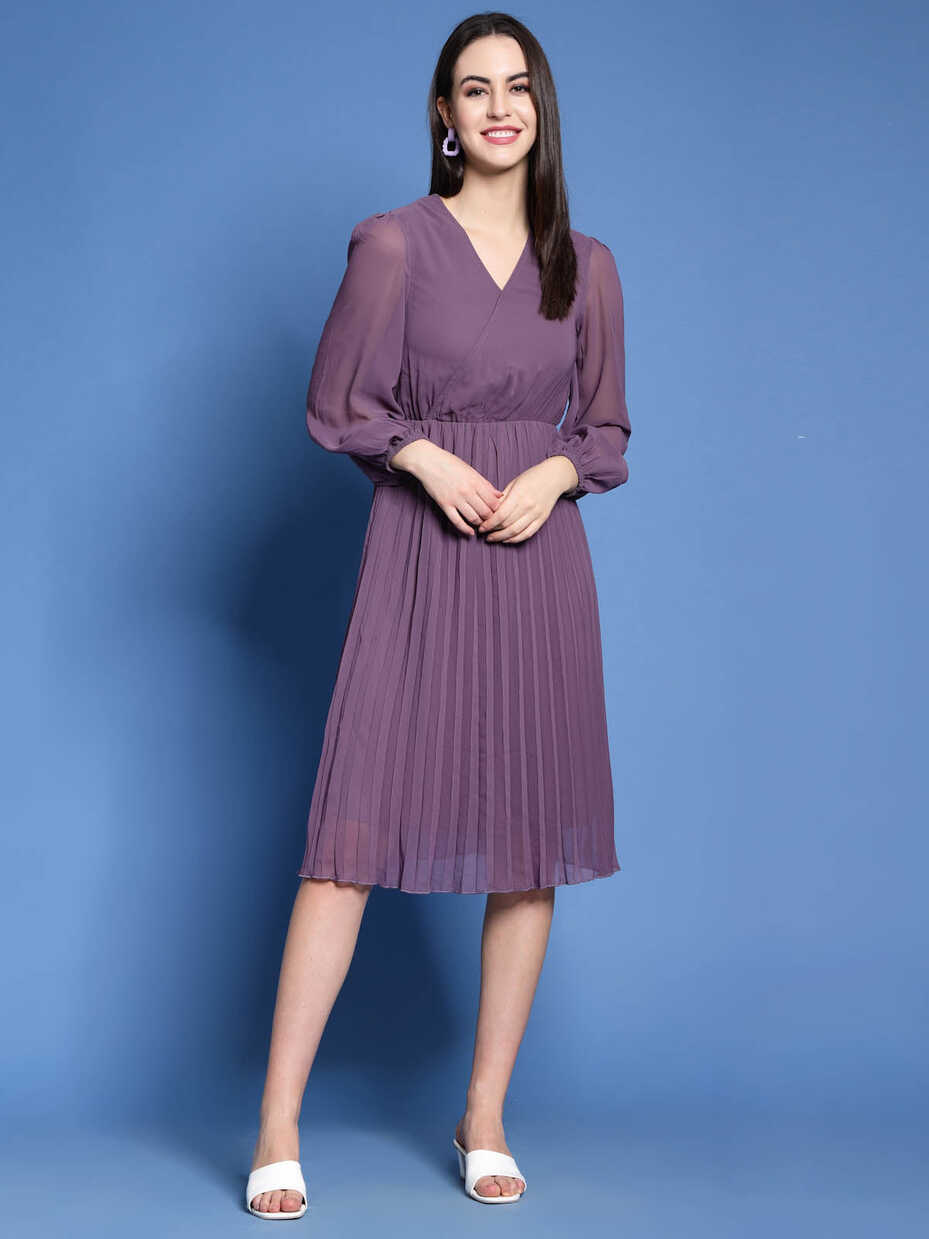 Purple V-Neck Puff Sleeves Accordion Pleated Fit Flare Dress ...