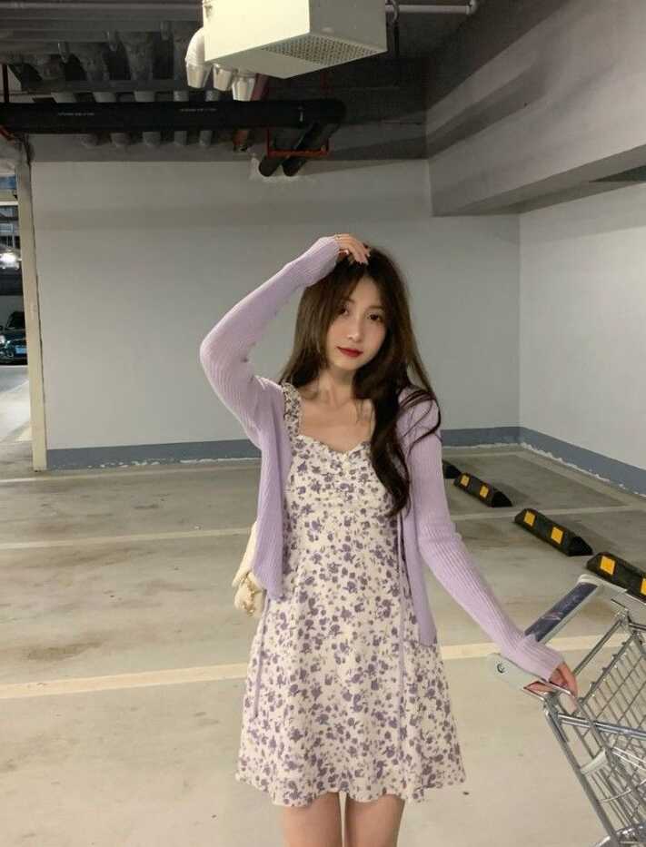 Purple floral mini dress Korean fashion