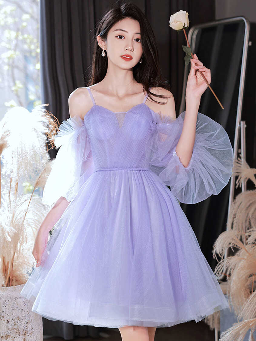 Purple sweetheart neck tulle short prom dress purple homecoming ...