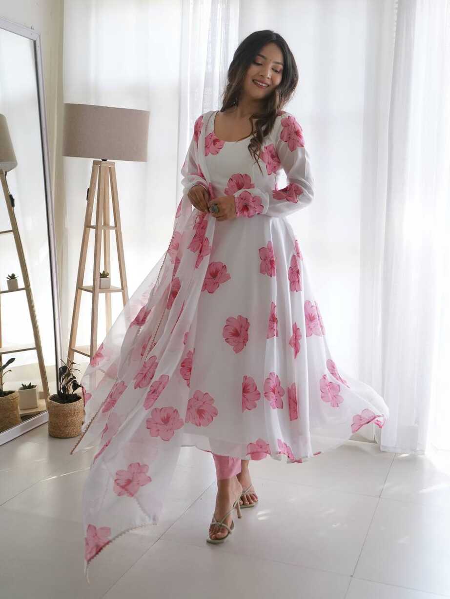 Purvi White Pink Flower Tabby Pure Organza Printed Anarkali ...