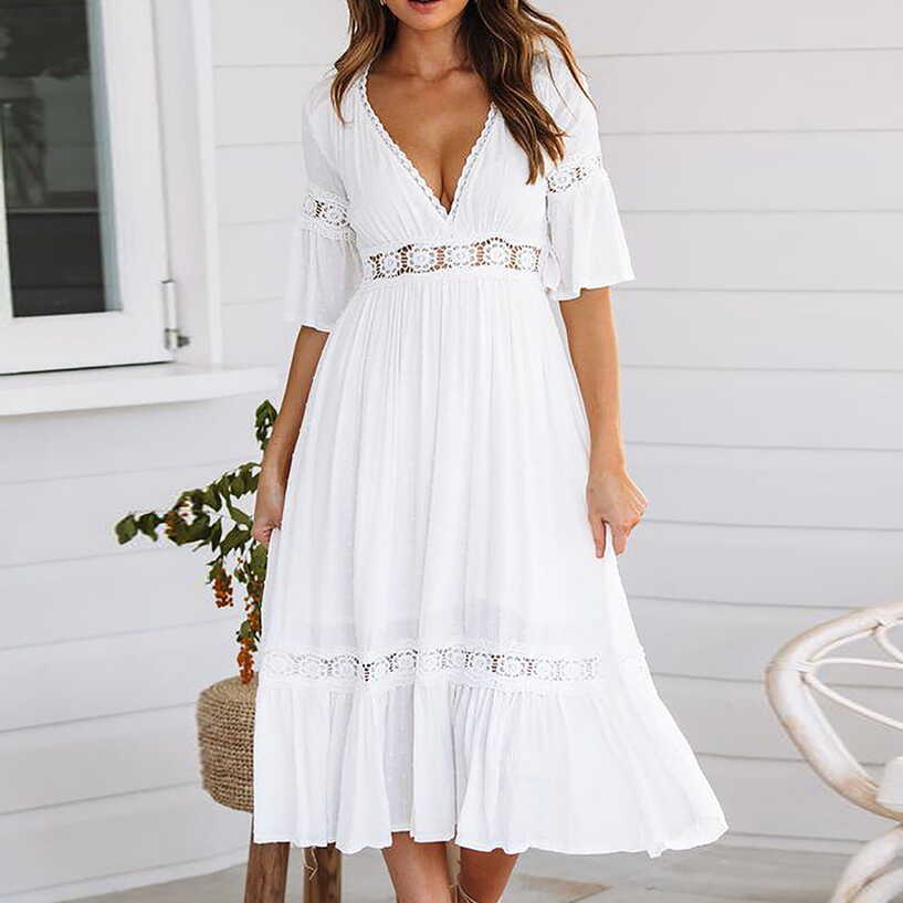 Qucoqpe Women&#39;s Long Casual Solid Chiffon V-Neck Beach Dress Boho ...