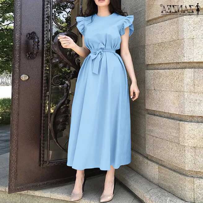 Queean ZANZEA Women Summer Ruffle Sleeved Belted Casual Long Dress ...