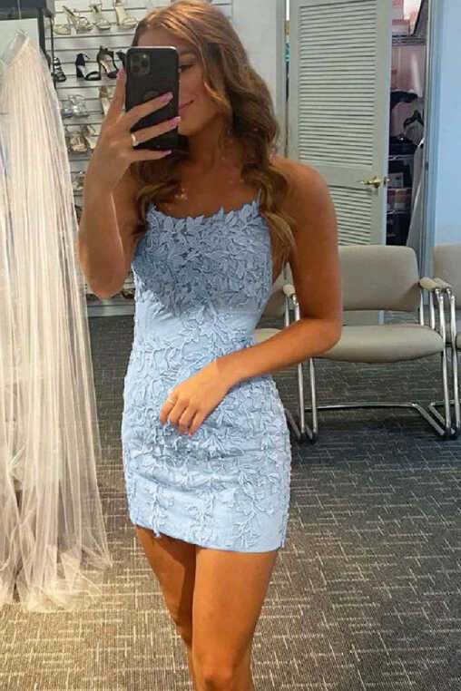 Queendancer Women Blue Lace Short Prom Dress Spaghetti Straps ...