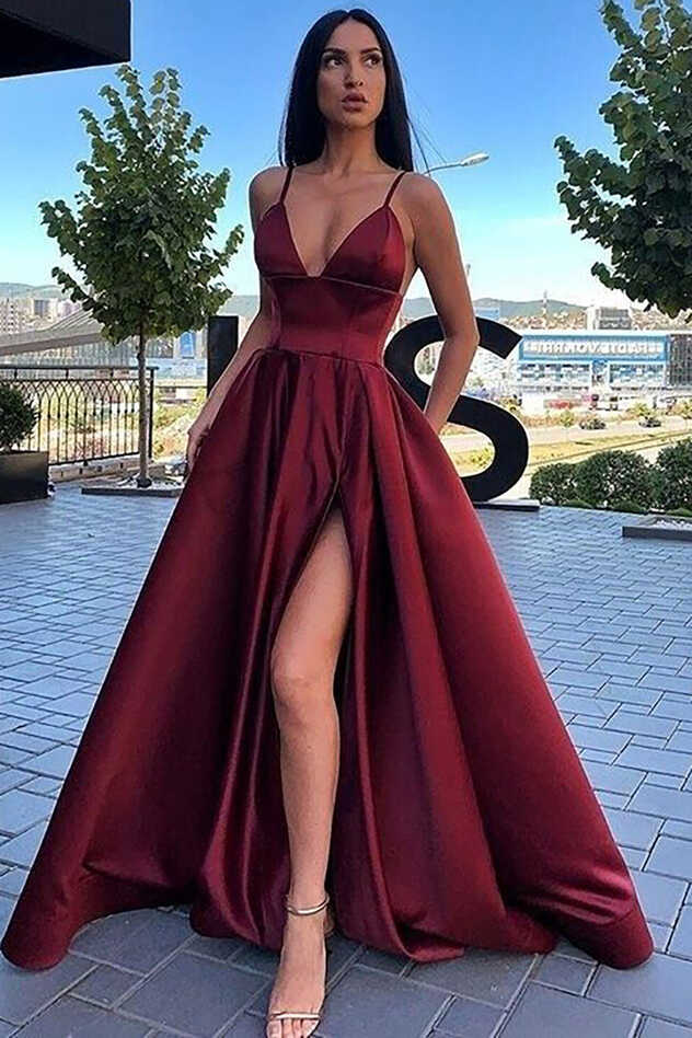 Queendancer Women Burgundy Satin Long Prom Dress with Slit A-Line ...