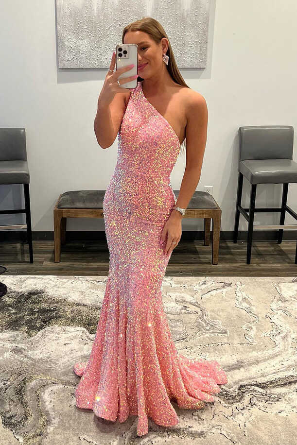 Queendancer Women Hot Pink One Shoulder Prom Dress Glitter Sequins ...